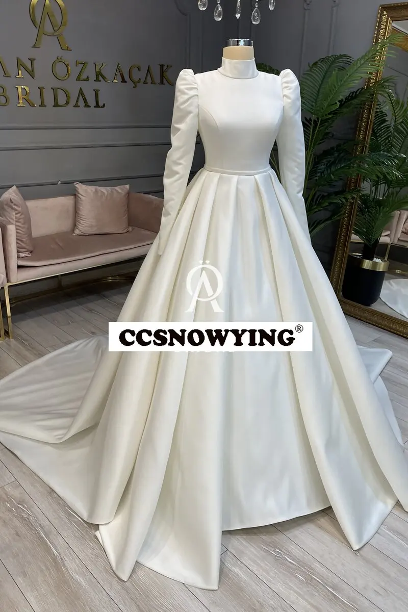 Simple Solid Color Muslim Wedding Dress for Bride Satin Long Sleeve Islamic Bridal Gowns High Neck Women Arabic Robe De Mariée
Simple Solid Color Muslim Wedding Dress for Bride Satin Long Sleeve Islamic Bridal Gowns High Neck Women Arabic Robe De Mariée