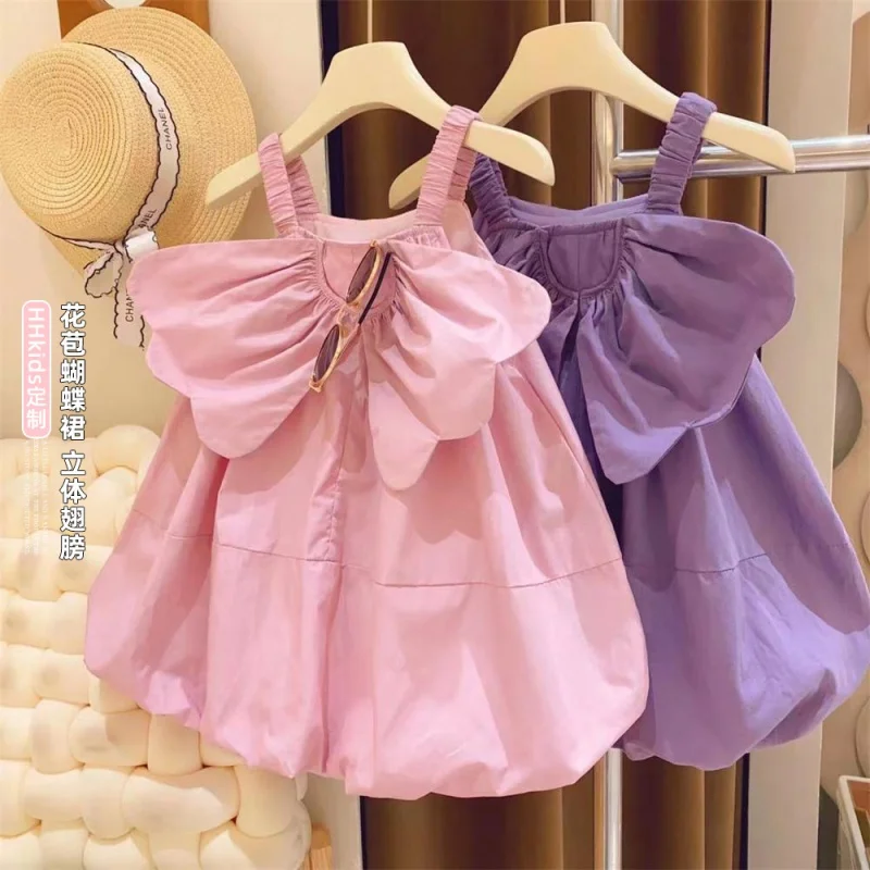 

New Girls' Temperament Three-Dimensional Wings Elastic Sling Bud Big Bowknot Suspender Dress2024Children Summer Clothing-WSNY