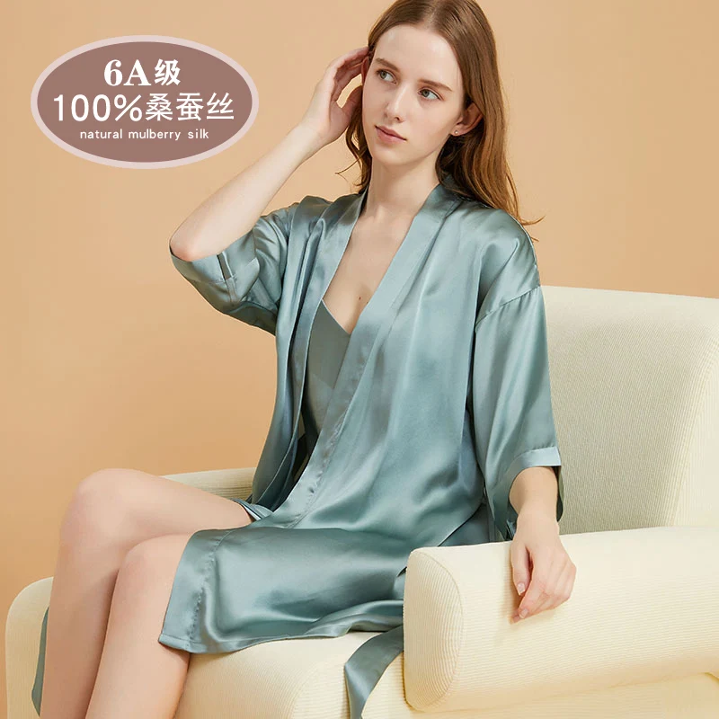

Heavy High Quality Real Silk Pajamas Sexy Sling Nightgown Two-Piece Wine Red Home Wear