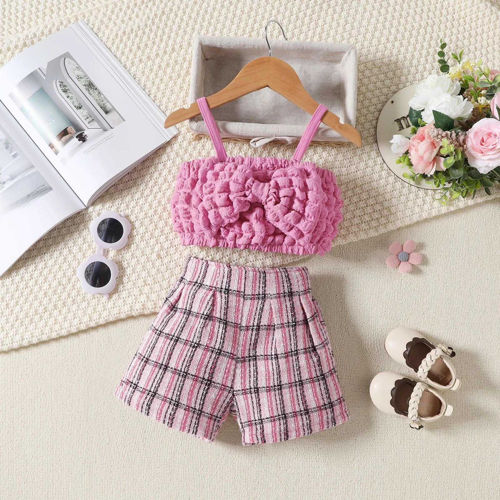 

Toddler Kids Baby Girls Summer Outfits Sets 2024 New Bubble Cami Tops with Big Bowknot and Plaid Shorts 2Pcs Clothes Set 0-4T
