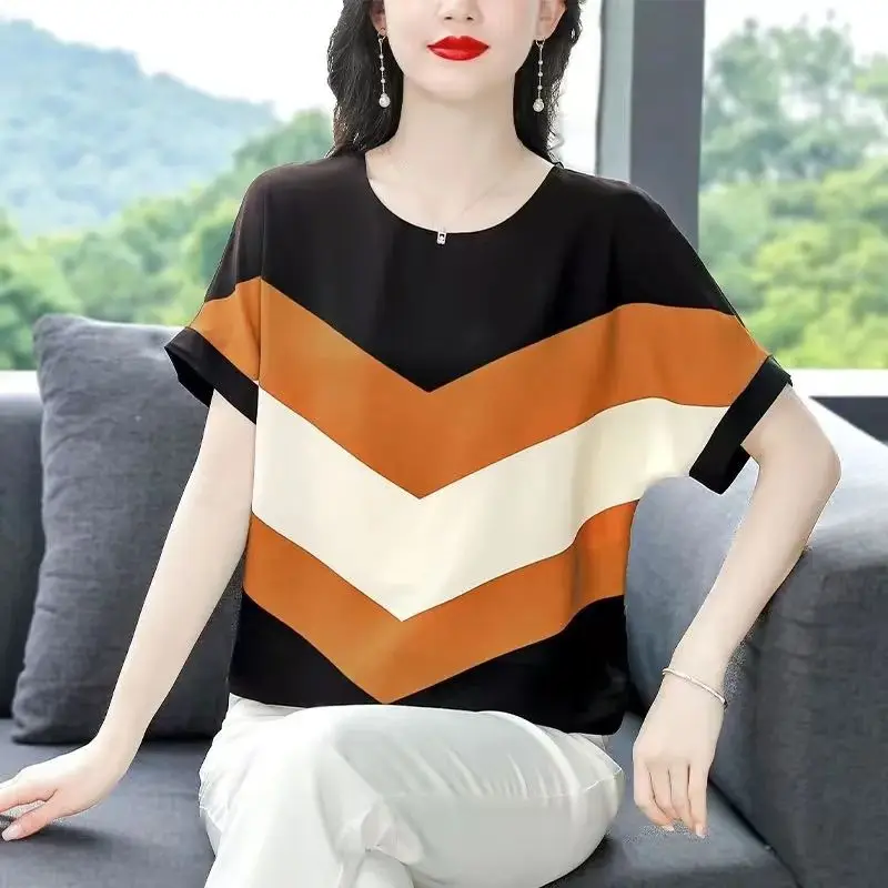 

2024 Summer New Printed Spliced Fashion Simple Women's Loose Striped Pullover Round Neck Color-blocked Short Sleeve T-shirt Tops