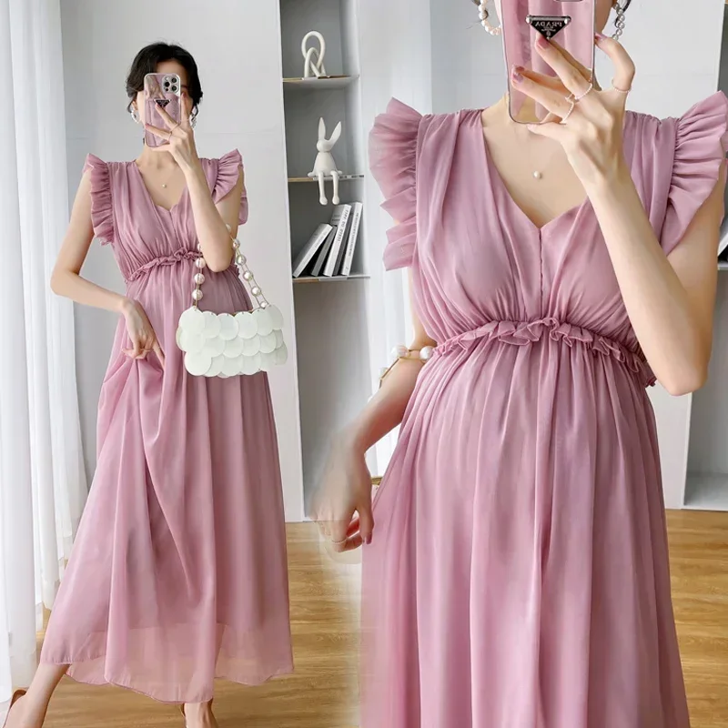 

2806# Summer Maternity Photography Dress Elegant Ruffle V Neck High Waist Slim Clothes for Pregnant Women Sexy Hot Pregnancy