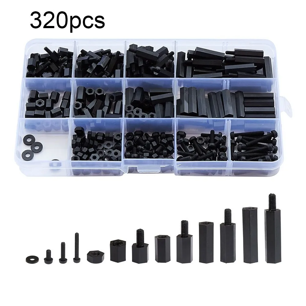 

320PCS Box M3 Black Male Female Nylon Hex Spacer Standoff Screw Nut Threaded Pillar Kit Hardware Column Screws Nuts Assortments