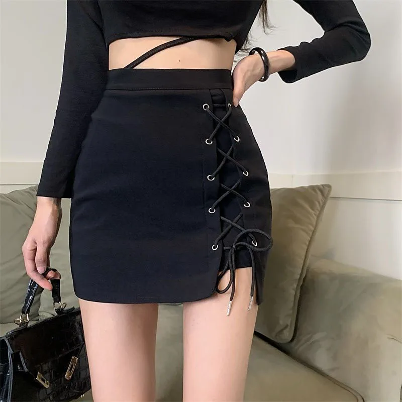 

Женская мини-юбка с высокой талией, черная облегающая юбка в готическом стиле с перекрестной шнуровкой, Y2K