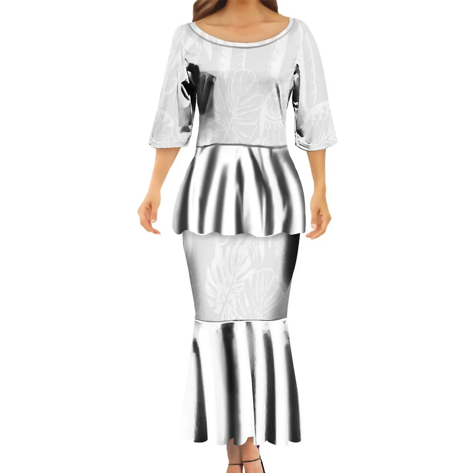 

2024 summer mother day Polynesian Tribal Print Mermaid White Dress Long Skirts Womens 2 Piece Set