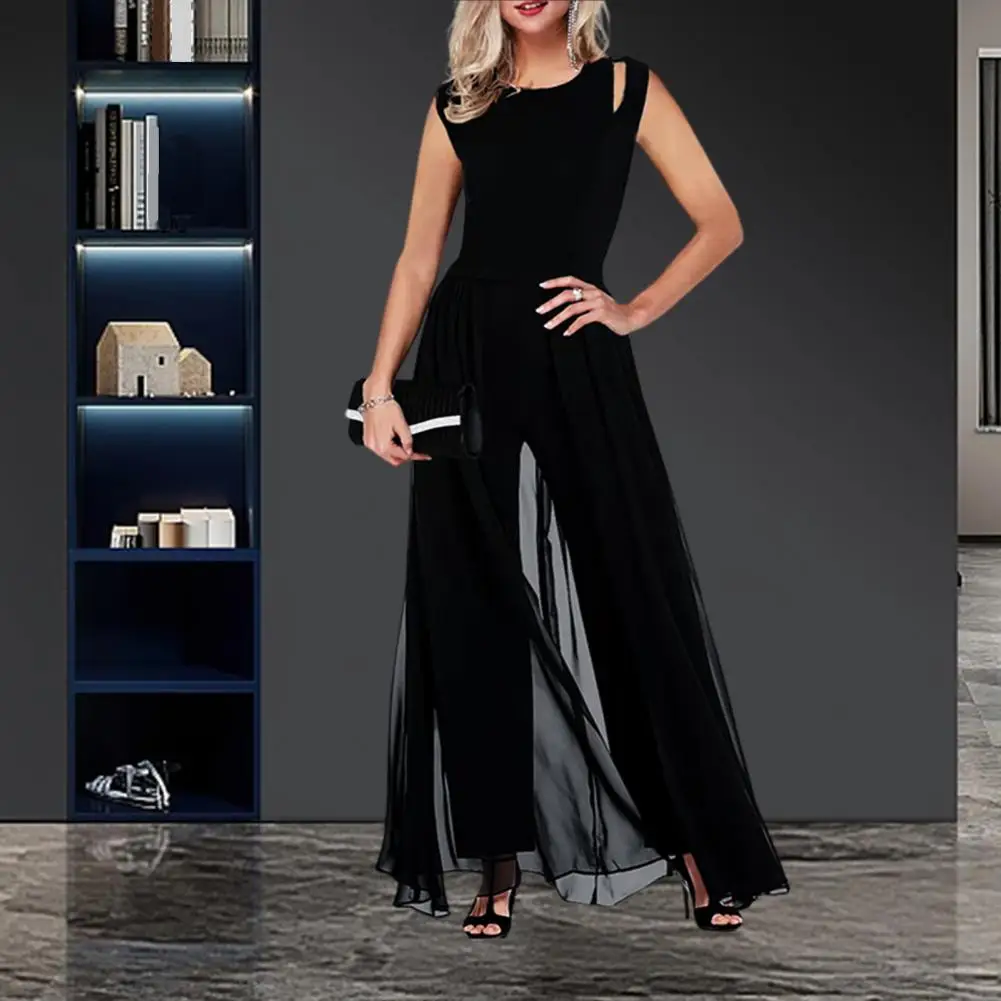 

O-Neck Sleeveless Women Jumpsuit Hollow Out Soft-touching Waist Tight High Waist Net Yarn Wide Leg Work Playsuit Streetwear