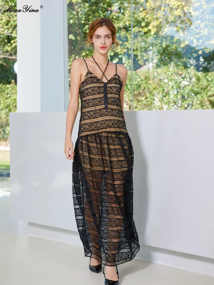 

Женское дизайнерское длинное платье-трапеция MoaaYina, офисное платье в полоску в стиле пэчворк с V-образным вырезом, летнее платье в стиле ампир