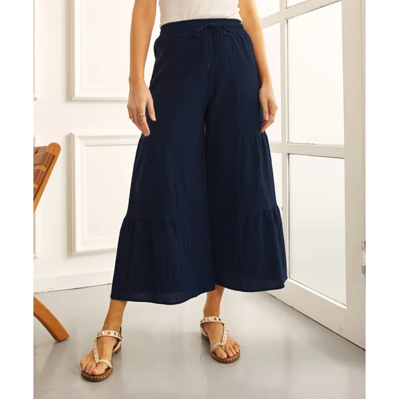

Women's Wide Leg Pants Spring and Summer New Relaxed Casual Pants Solid Color Nine-point Pants Fold Pull Rope 한국리뷰많은옷