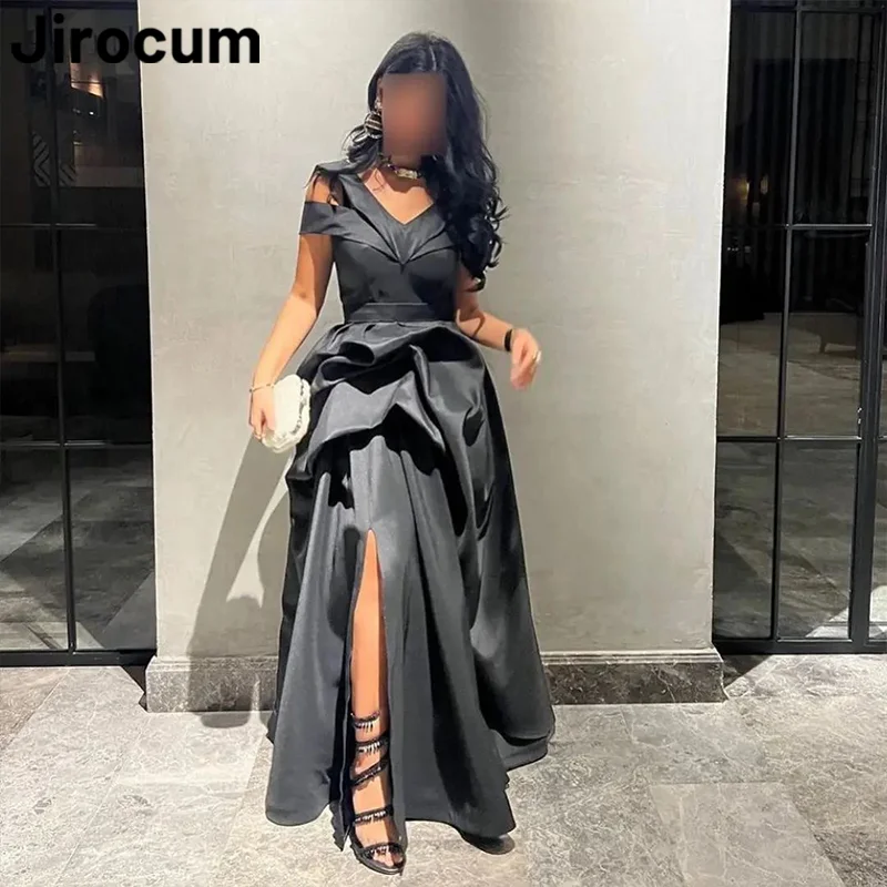 

Jirocum Black V Neck Prom Dress Women's High Slit A Line Party Evening Gown Zipper Saudi Arabia 2024 New Formal Occasion Gowns