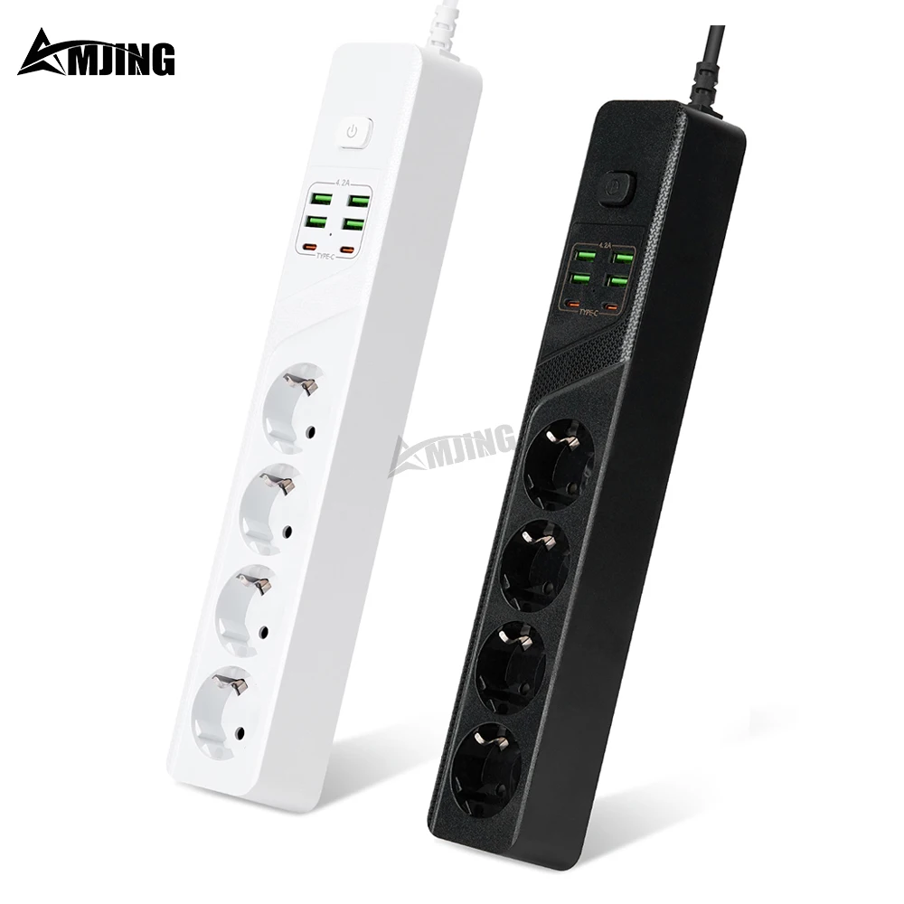 

USB Power Strip Surge Protector Quick Charger European Standard Plug Socket With Overload Switch 4 Outlets 2M Cable Line Board