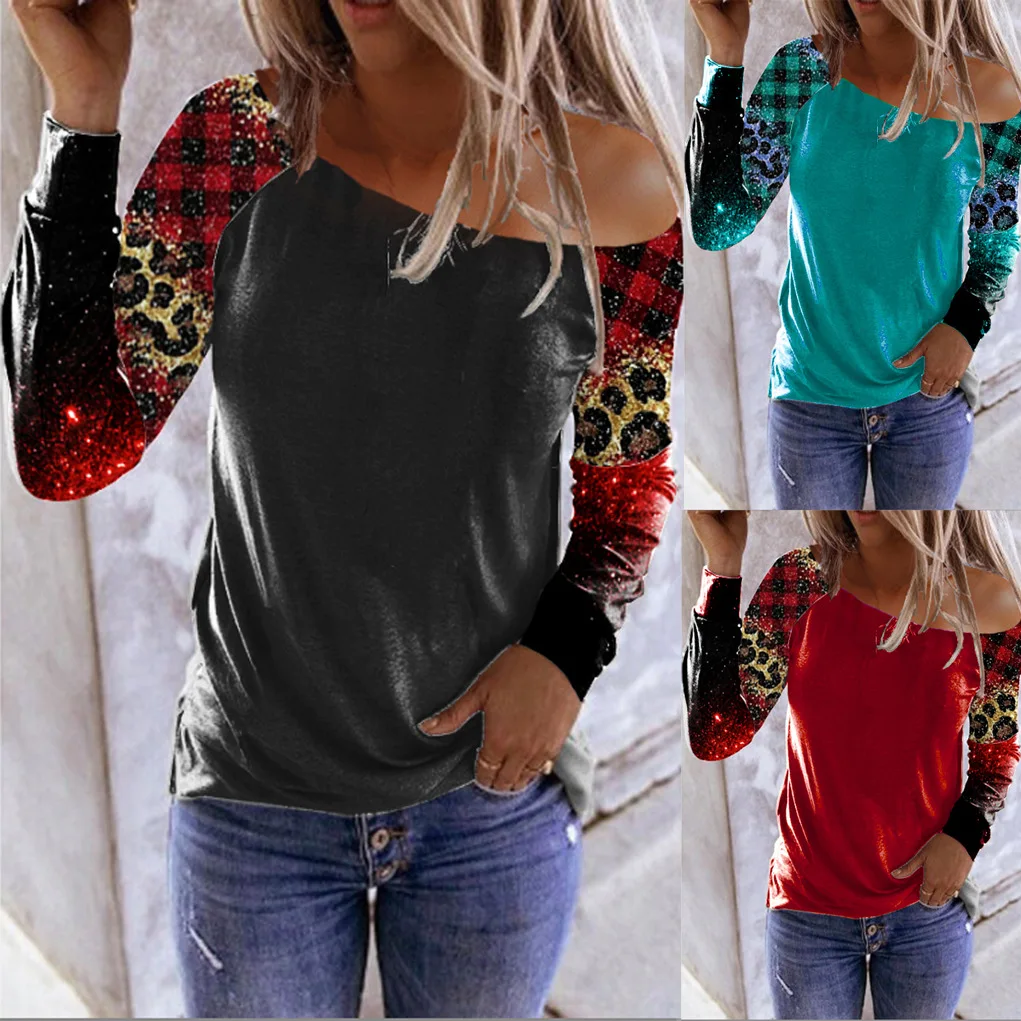 

new 2023 Spring Women's cassual round neck color contrast t-shirt female fashion printed basic tee long sleeve tops
