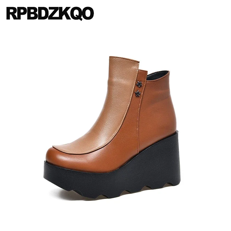 

Zipper Platform Boots Round Toe Shoes Cow Skin Patchwork Wedges Women Fur Lined Booties Multi Colored High Heels Genuine Leather