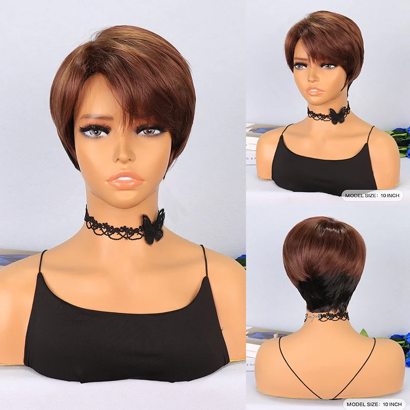 

Synthetic Short Pixie Cut Mixed Black Wigs Straight Layered Wig with Bangs for Women Daily Heat Resistant Fluffy Hair
