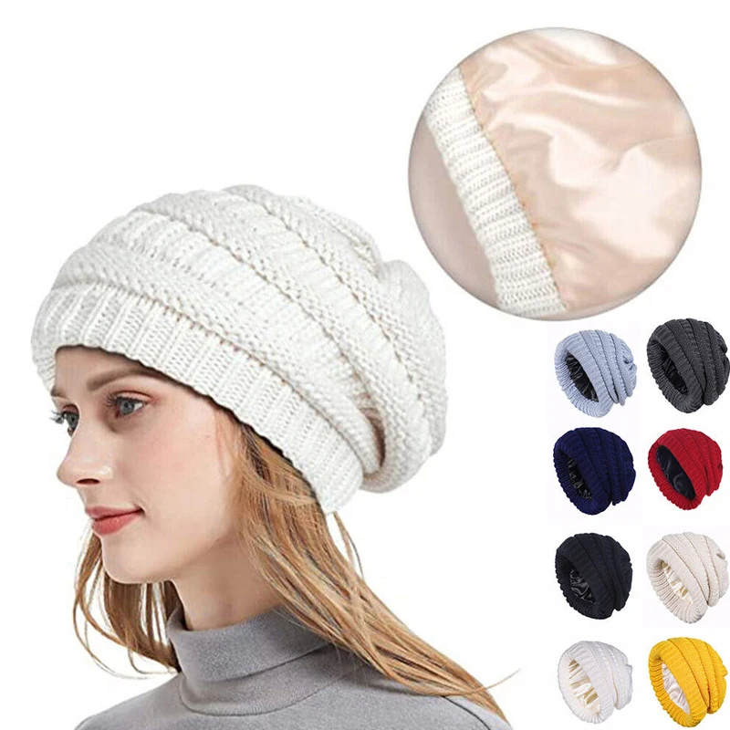 

New Winter Women Satin Lined Beanie Cap Solid Color Striped Knit Hat Casual Silk Lining Thick Chunky Cap Soft Slouchy Warm Hats