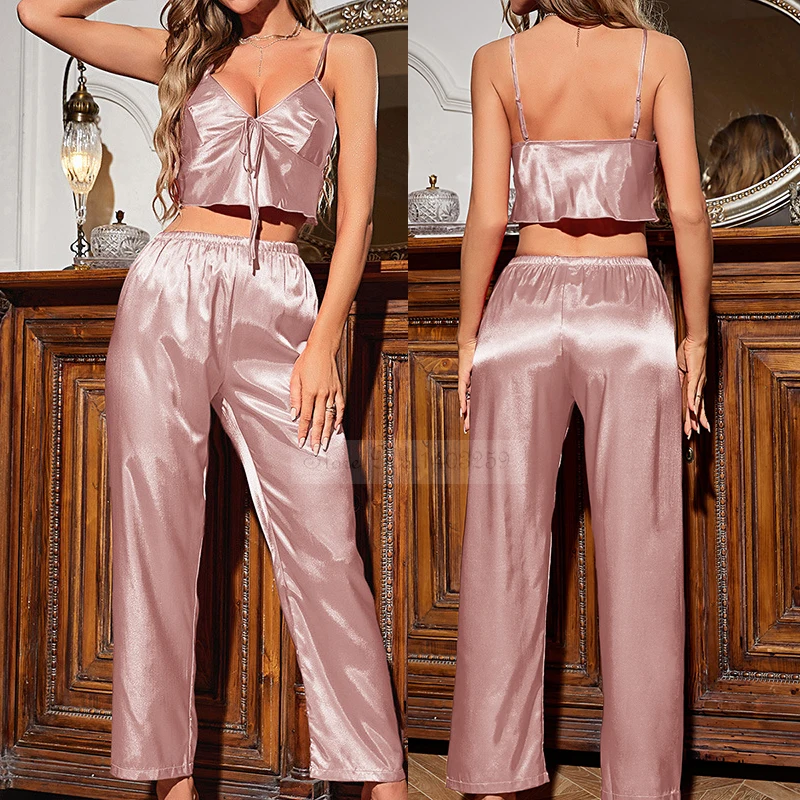 

Sexy Strap Top&pants Pijamas Suit Summer Chemise Sleepwear Silky Satin Home Wear Female 2PCS Pajamas Set Intimate Lingerie