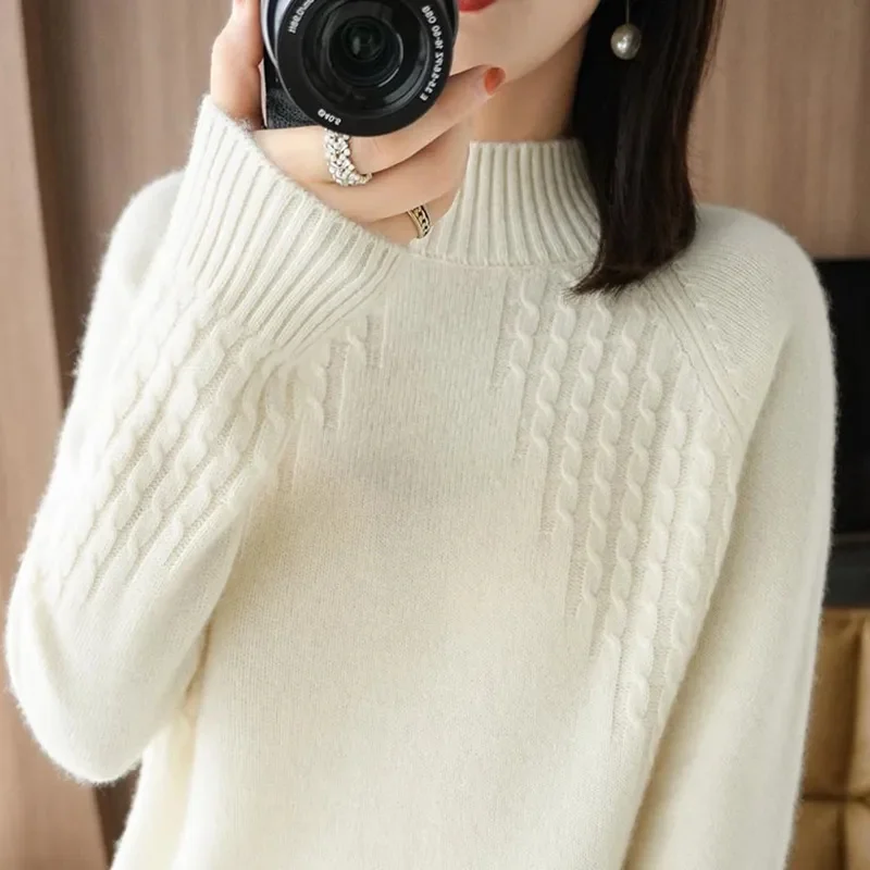 

2024 Fashion New Autumn Basic Bottoming Sweater Top Women Ribbed Soft Mock Neck Elastic Pullover Warm Solid Color Slim Jumper