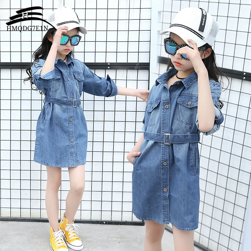 

New Spring Autumn Girls All-match Denim Jackets Girl Denim Coats Kids Trench for Girl Long Jackets Children Clothing with Belt