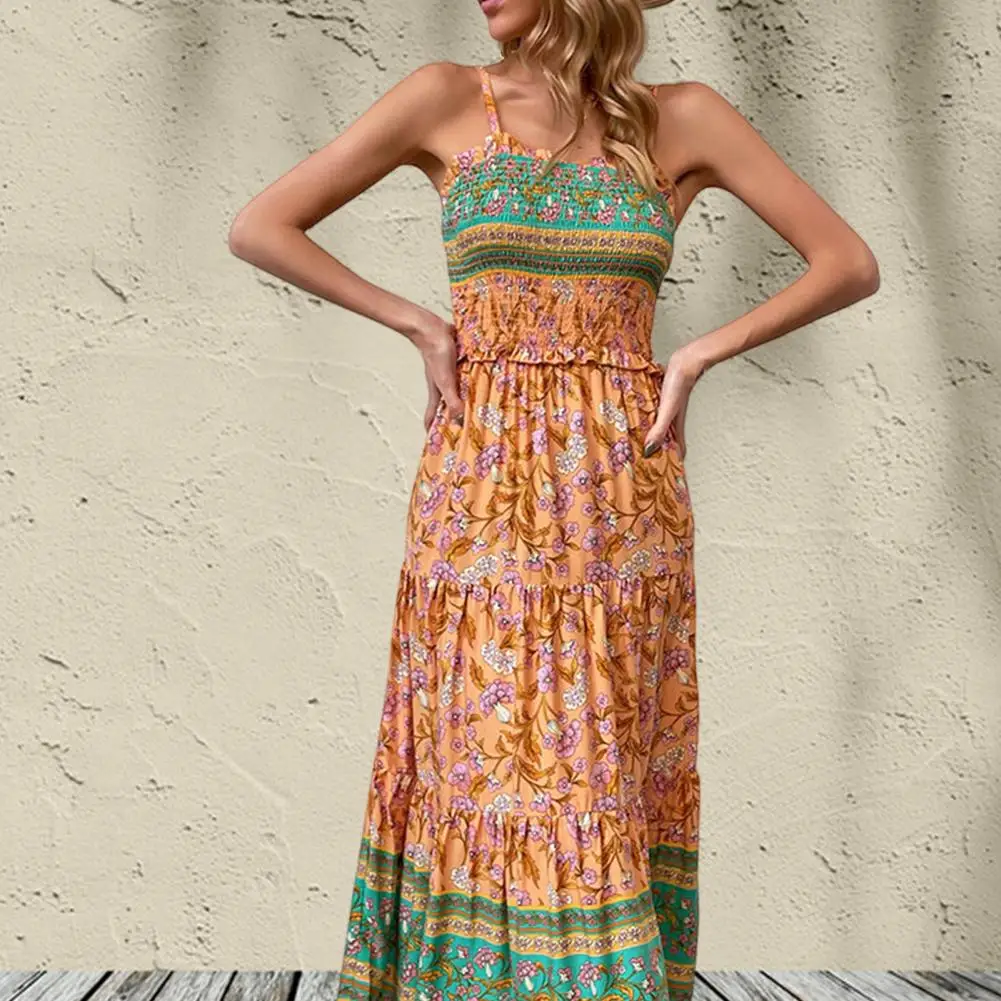 

Shirring Dress Ethnic Style Maxi Dress with Shirring Patchwork Detailing for Women A-line Hem Vacation Sundress with High Waist