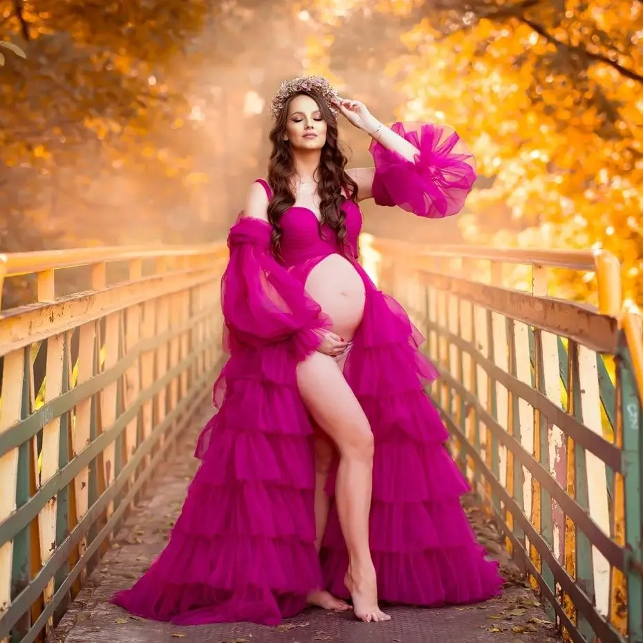 

Glamorous Fuschia A Line Prom Dresses Tiered Ruffles Long Sleeves Maternity Photo Robes Sexy Front Split Pregnant Women Gowns