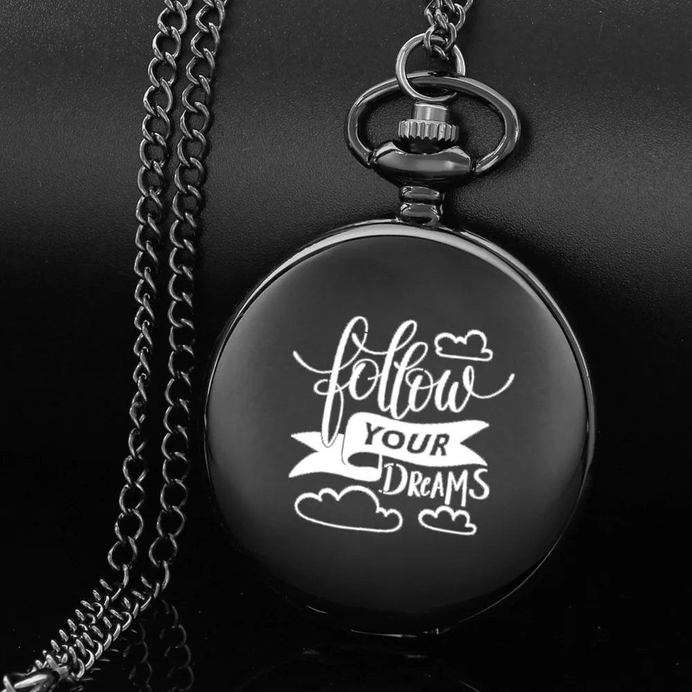 

Follow your dreams design carving english alphabet face pocket watch a chain Black quartz watch birthday perfect gift