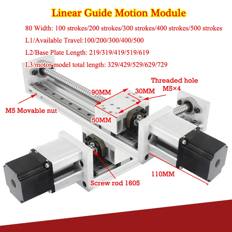 

CNC Linear Guide 1605 Ball Screw Sliding Table 100-600mm Effective Stroke Guide Rail XYZ Axis NEMA 23 Stepper Motor 3D Printer