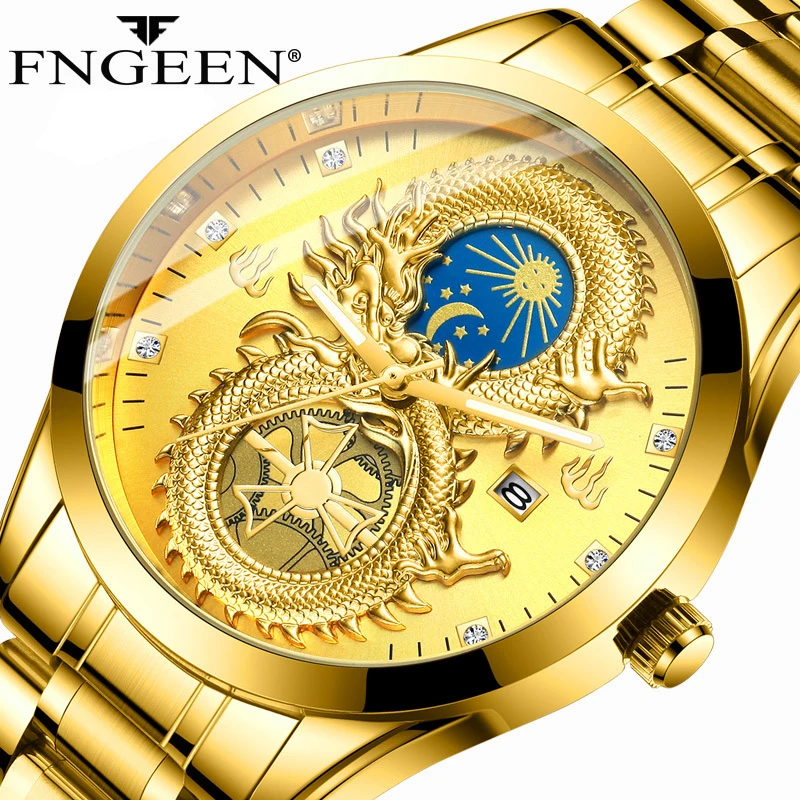 

FNGEEN Fashion Gold Quartz Watch for Men Stainless Steel Waterproof Calendar Mens Watches Top Brand Luxury Relogio Masculino