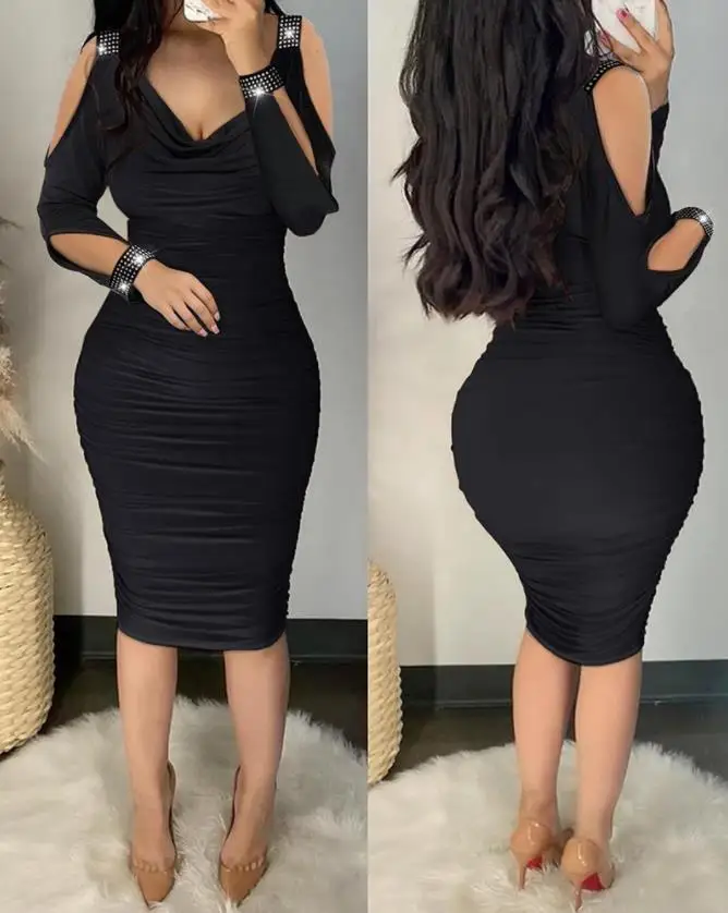 Cold Shoulder Dresses Rhinestone Decor Ruched Bodycon 2024 Spring and Summer New Long Sleeve Skinny Party Midi Sexy Dress
Cold Shoulder Dresses Rhinestone Decor Ruched Bodycon 2024 Spring and Summer New Long Sleeve Skinny Party Midi Sexy Dress