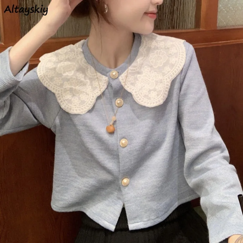 

Lovely Cardigans for Women Peter Pan Collar Sweet Girls Clothing Spring Long Sleeve Lace Fashion Korean Style Young Students