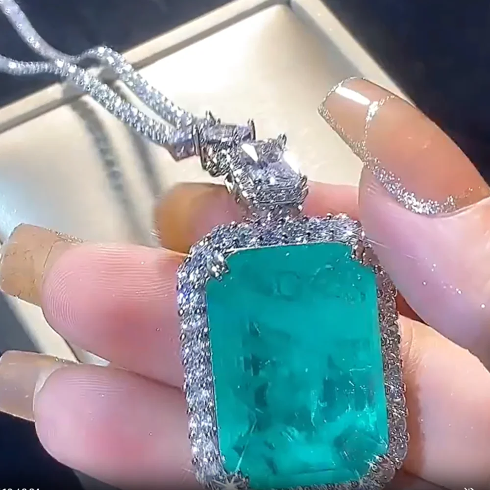 

KQDANCE Huge Rectangle 20*28mm Lab Green Emerald Blue Paraiba Tourmaline Diamond Pendants Tennis Chain Necklaces Luxury Jewelry