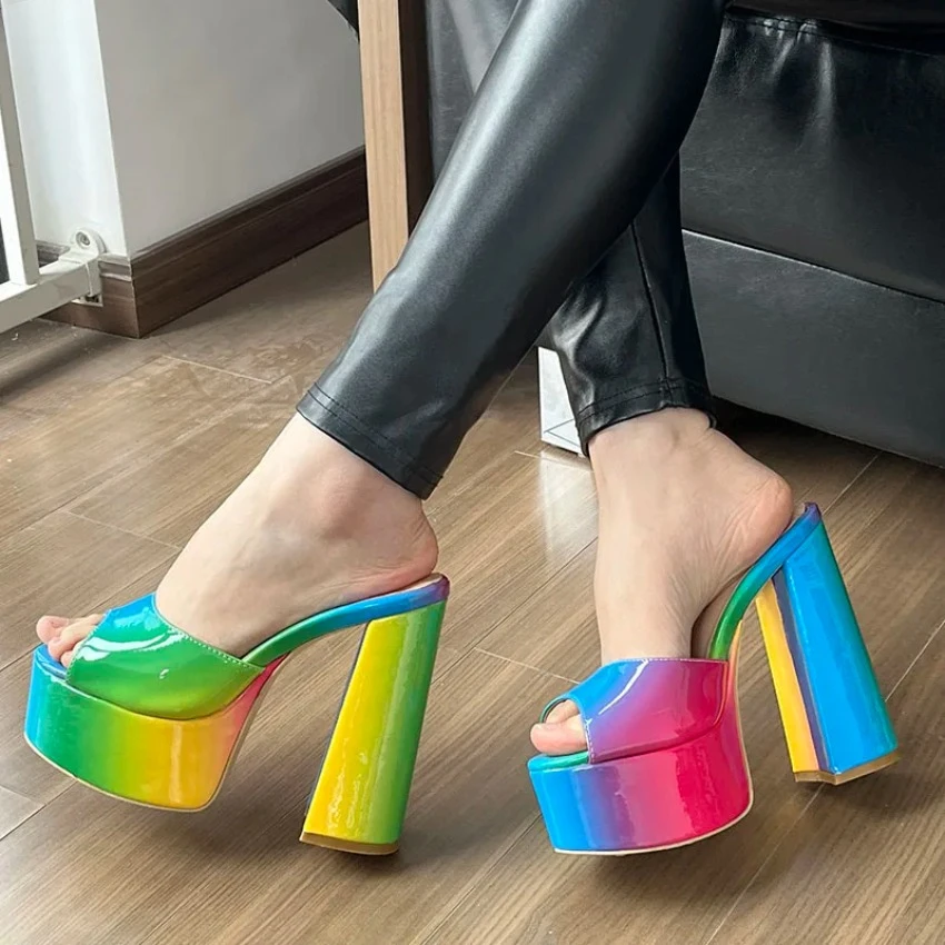 

2024 Handmade Women Shiny Sandals Slip On Hoof Heels Round Toe Rainbow Ladies Party Shoes US Size 35 43 44 45 46 52