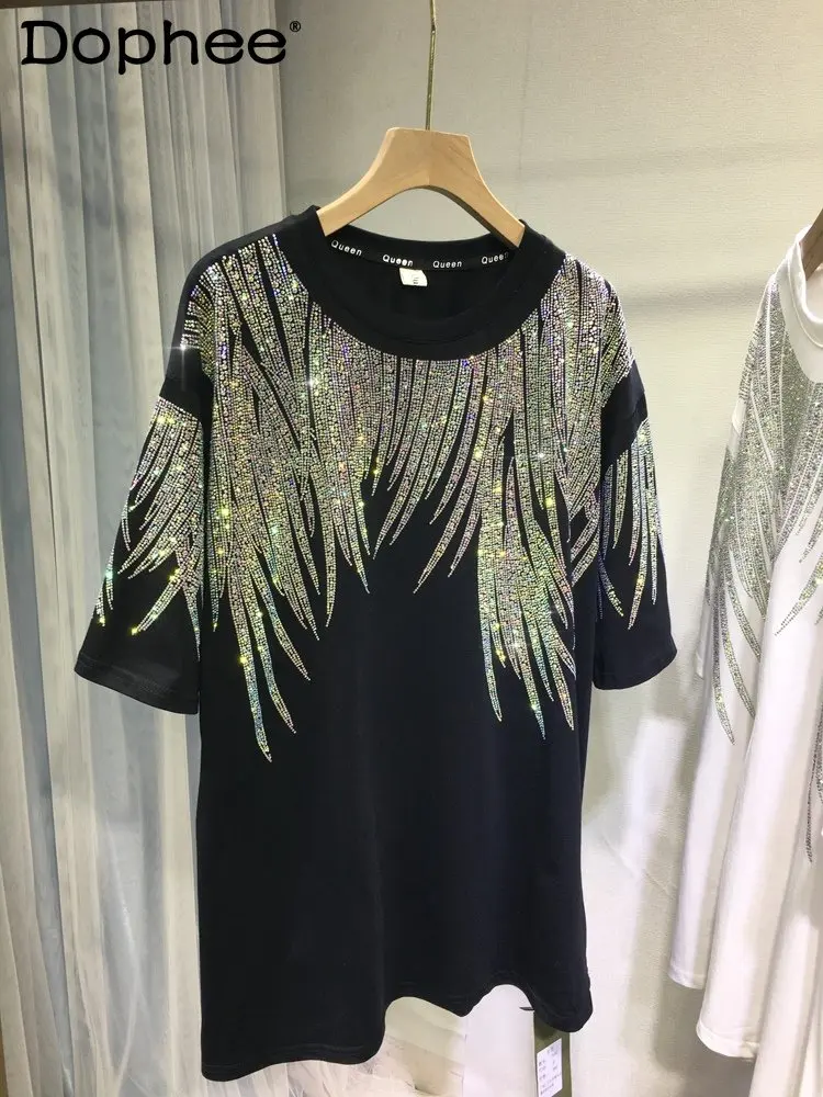 Heavy Embroidery Hot Drilling T-shirt Man Women Couples Wear Shiny Loose Oversized Mid-Length Black T Shirt Summer Cotton Tops
Heavy Embroidery Hot Drilling T-shirt Man Women Couples Wear Shiny Loose Oversized Mid-Length Black T Shirt Summer Cotton Tops