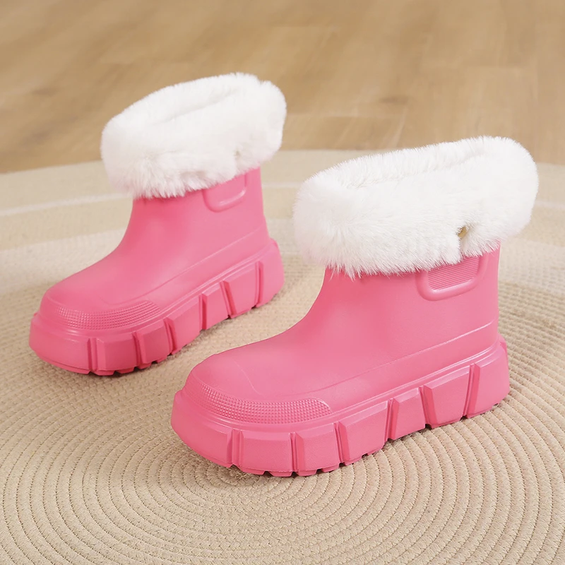 

Женские ботильоны, зимние теплые короткие плюшевые ботинки на плоской подошве, массивная обувь, водонепроницаемые износостойкие женские резиновые сапоги