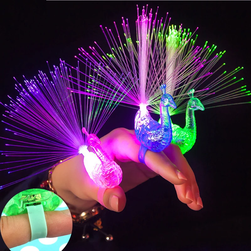 

5/10PCS Creative Kids Colorful Glowing Toy Peacock Finger LED Glow Ring Fluorescent Shiny Neon Glitter Party Decoration Gift