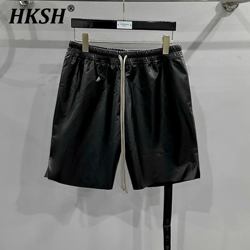 

HKSH Men's Tide Streetwear Fashion Dark Shorts Spring Summer Punk PU Leather RO Style Drawstring Straight Casual Capris HK1385