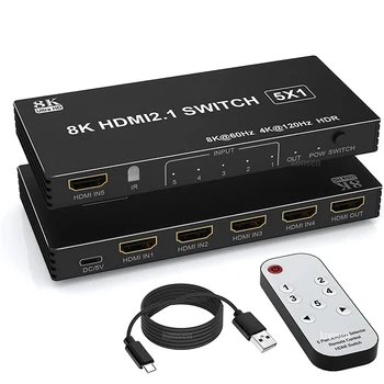 HDMI 2.1 스위처 선택기 허브, Xbox PS4 PC TV용, 5 포트, IR 원격 HDR, 3x1, 4x1, 5x1, 8K, 60Hz, 5 in 1 out, 4K, 120Hz