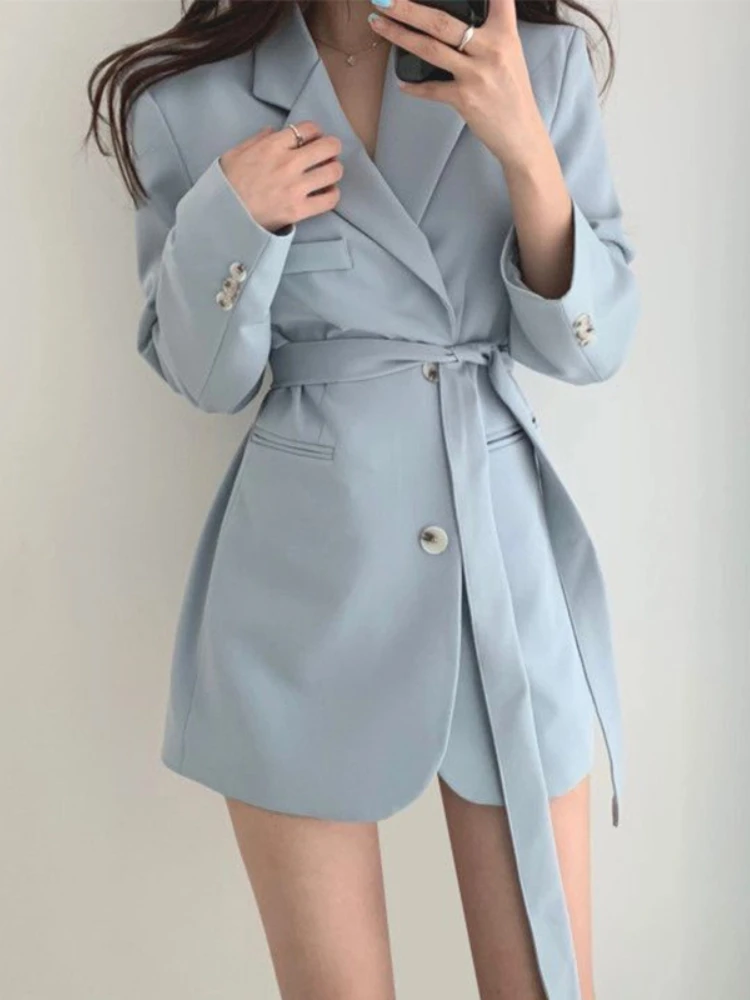 

Office Lady Business Suit Jacket Women Blue Black Belted Blazer Coats Spring Summer Formal Workwear Classic Slim Casual Clothes