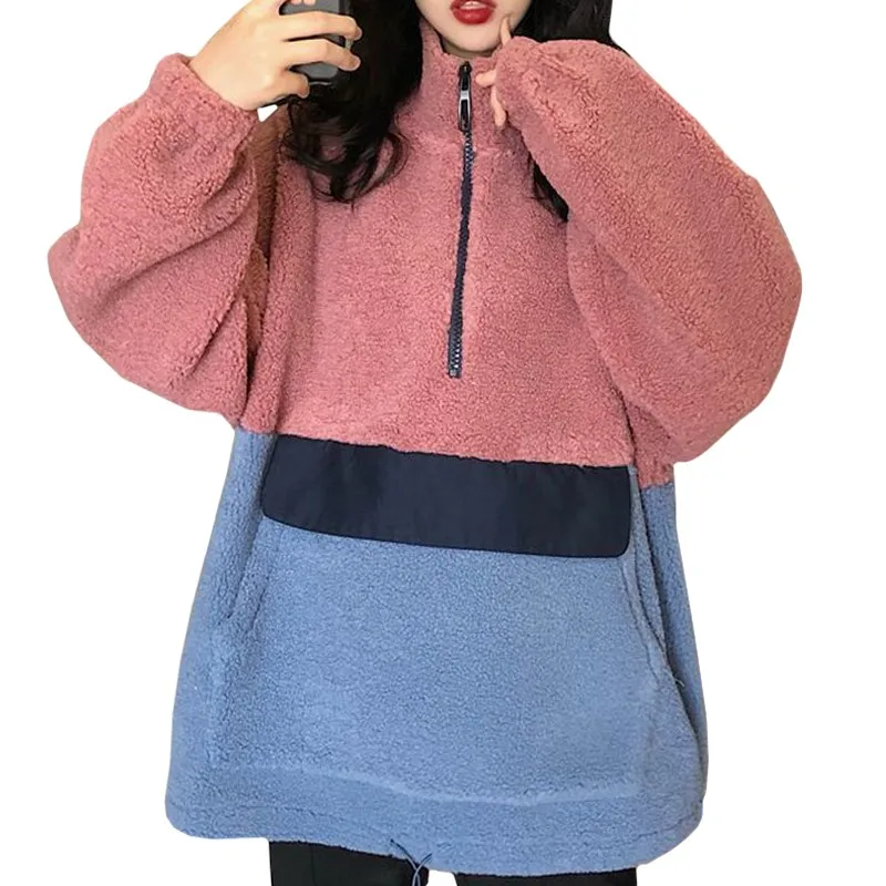 

Autumn Winter Keep Warm Woman's Sweatshirt Fashion Pullover Zipper Lamb Wool Half Height Collar Splice Color Loose Coat Female