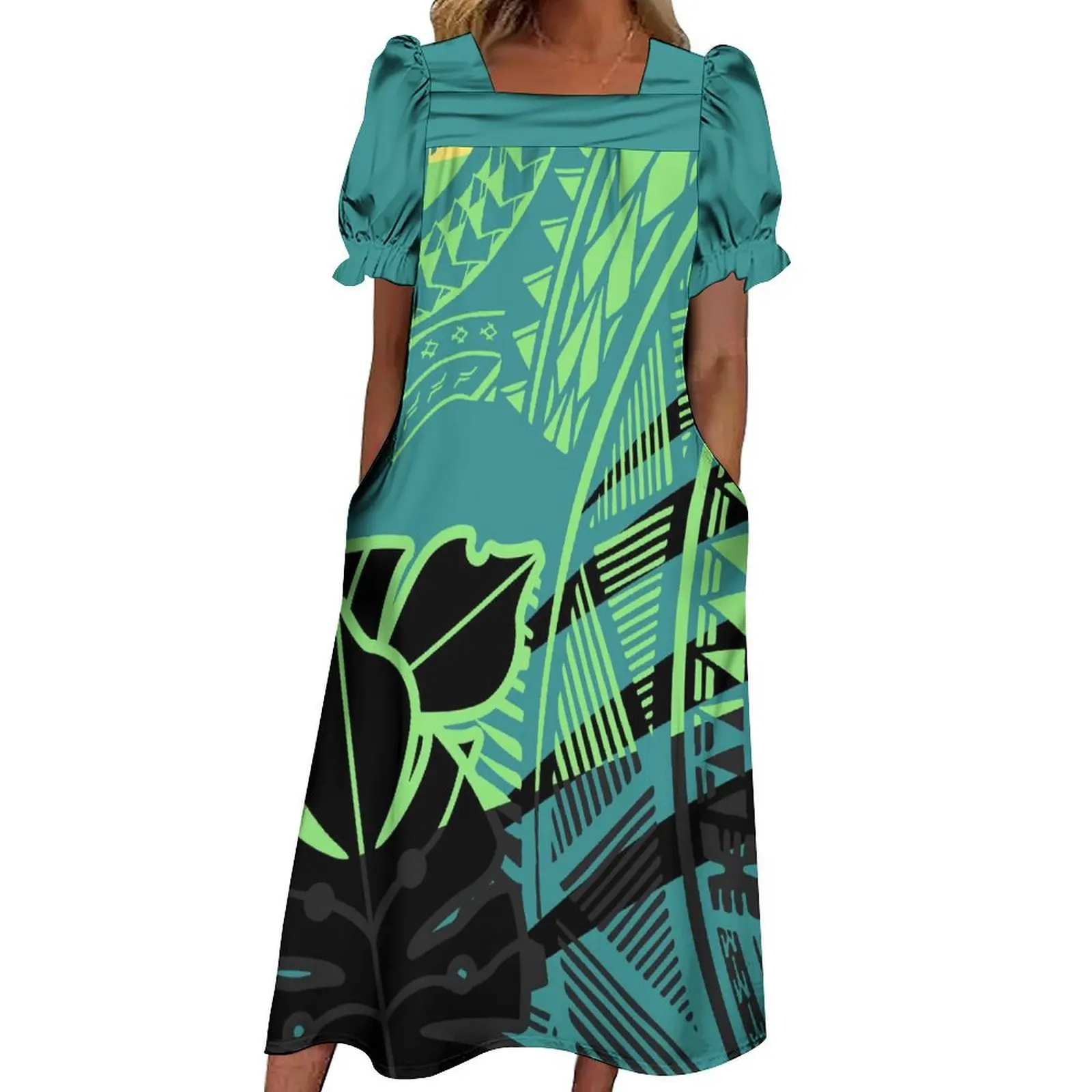

Summer Short sleeved Dress Polynesian MUMU Customized Women's Dress Casual Long Dress Ruffle Neckline Long Dress
