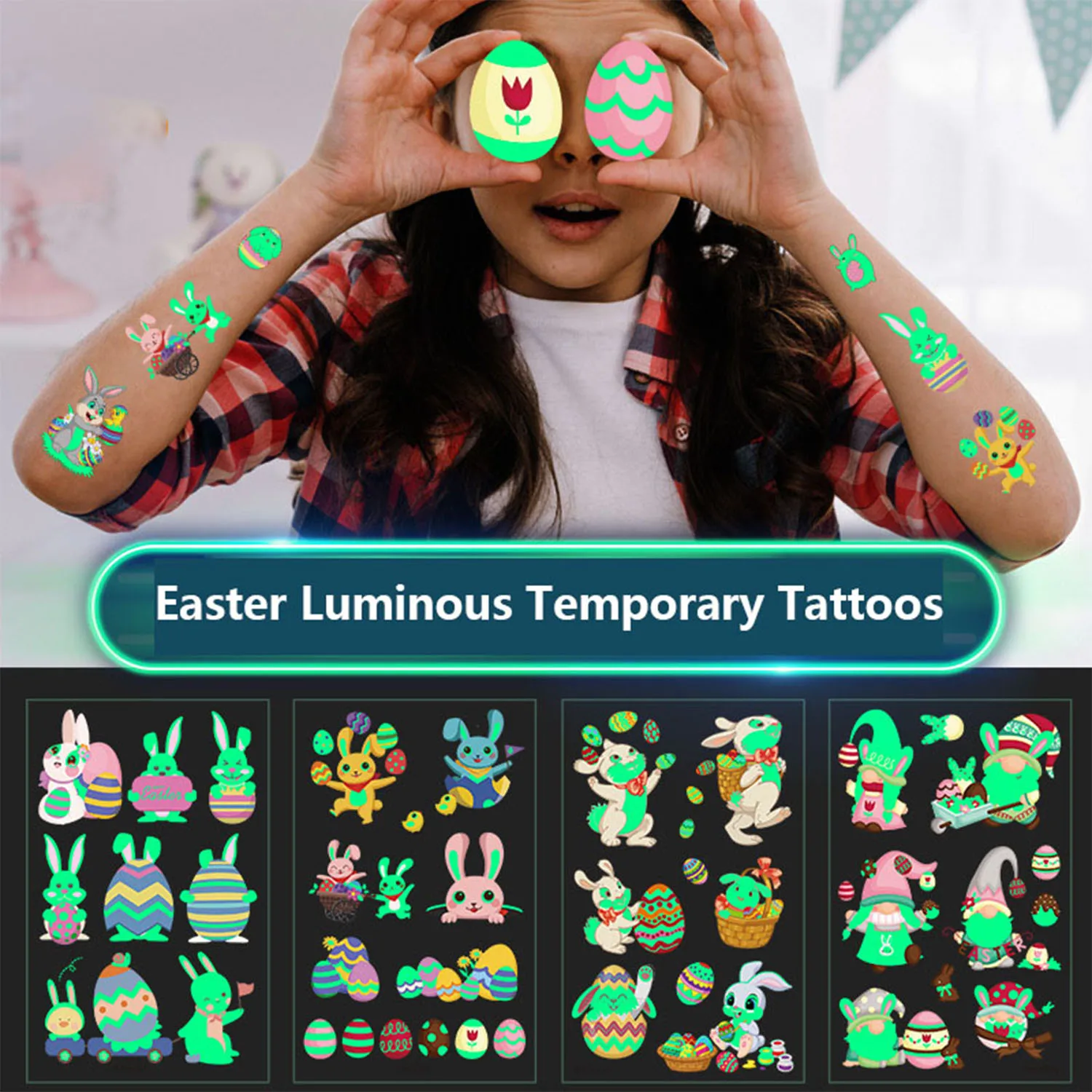

5 Sheets Easter luminous temporary tattoos,colored egg carrot rabbit egg facial makeup Tattoos, holiday party Supplies Favors