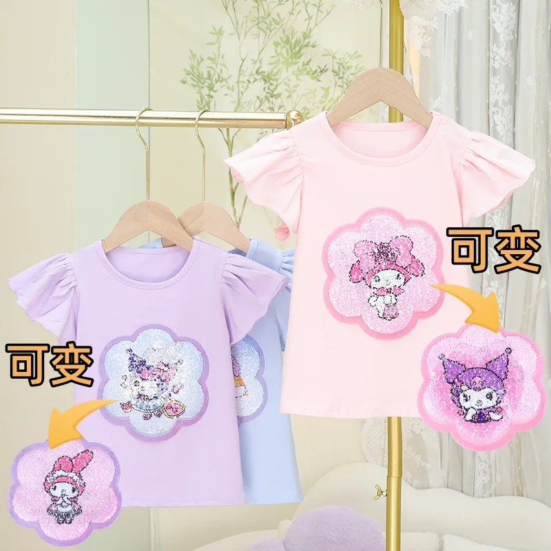 

Sanrio Kuromi Cinnamoroll My Melody Kids Short Sleeve Color Changing Sequin T-Shirt Cartoon Summer Tops Breathable Girls Gift