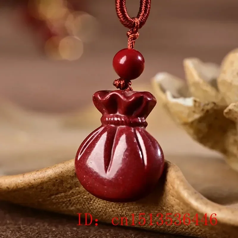 

Fashion Cinnabar Jade Blessing Bag Pendant Necklace Jewellery Chinese Hand-Carved Healing Women Man Luck Gift Sweater Chain