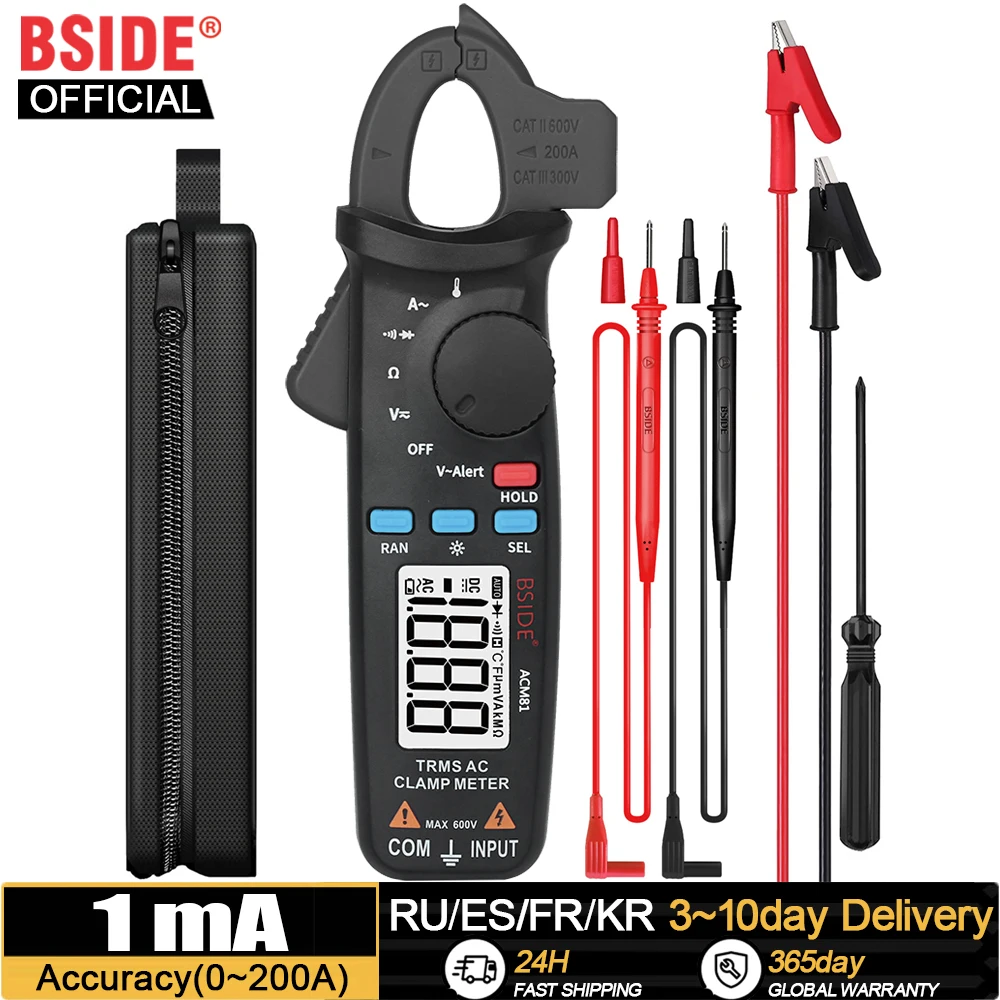 BSIDE Digital Clamp Meter Auto-Rang True RMS 1mA Accuracy 200A Current DC AC Multimeter Vol Ohm Diode Temperature NCV Tester
BSIDE Digital Clamp Meter Auto-Rang True RMS 1mA Accuracy 200A Current DC AC Multimeter Vol Ohm Diode Temperature NCV Tester