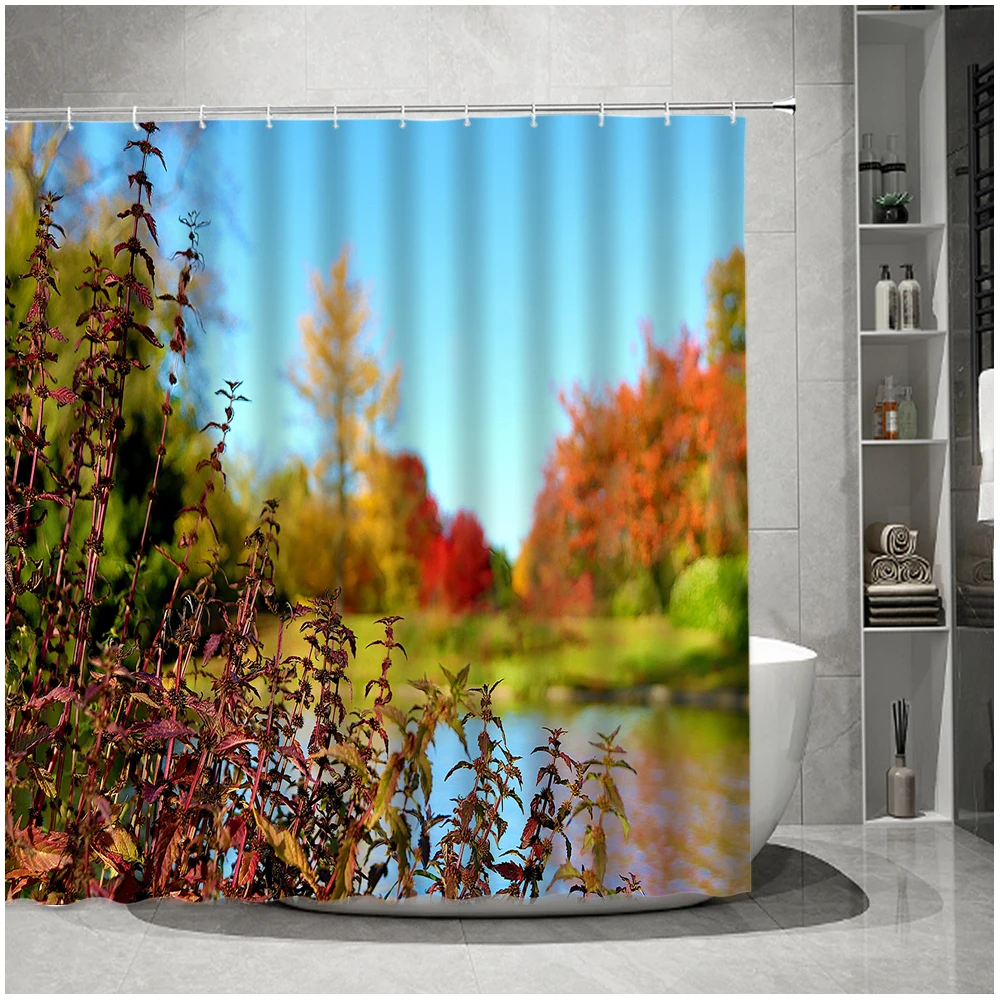 

Autumn Yellow Leaves Maple Tree Shower Curtain Fall Lake Sunset Forest Nature Landscape Bathroom Decor Bath Curtains with Hooks