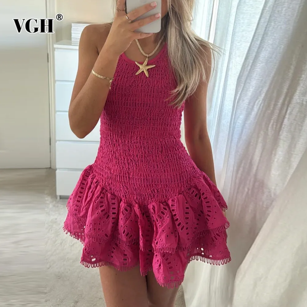

VGH Casual Spliced Ruffles Hem Embroidery Dresses For Women Square Collar Sleeveless High Waist Slimming Mini Dress Female New