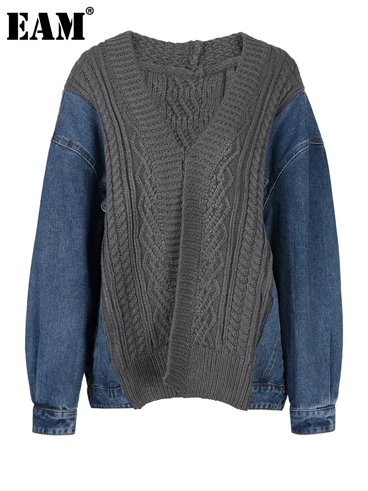 

[EAM] Gray Denim Big Size Knitting Sweater Round Neck Long Sleeve Women Pullovers New Fashion Tide Spring Autumn 2024 3AJ63005