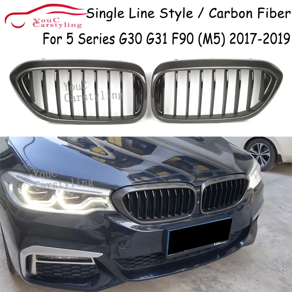 

G30 Front Hood Kidney Grille Mesh 1-slat Carbon Fiber Gloss Black For BMW 5 Series G30 G31 2017-2019 520i 530i 540i M550i M5 F90