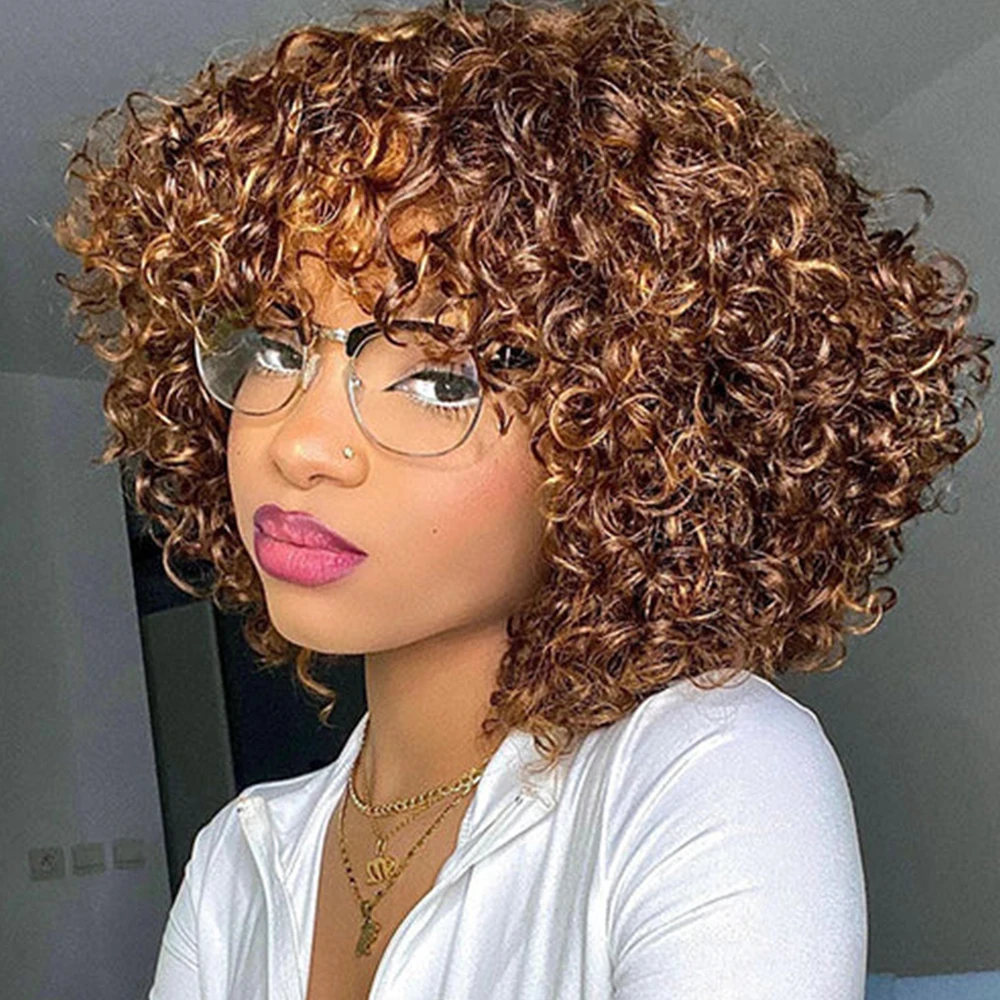 

Highlight Honey Brown Curly Short Bob Wig With Bangs Natural Black Glueless Fringe Wigs 3a 3c Jerry Curly Bob Wigs For Women