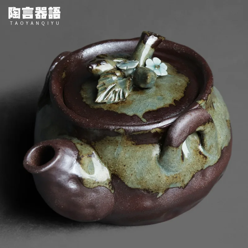 

Wood burning fire marks glaze relief petal teapot rock mine clay retro pottery Japanese handmade wide mouth tea maker