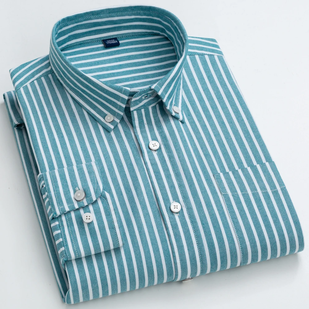 

Мужская Повседневная рубашка из ткани Оксфорд, Классическая рубашка в клетку/в полоску, с воротником на пуговицах, одним накладным карманом и длинными рукавами, Осень-Зима 100%
