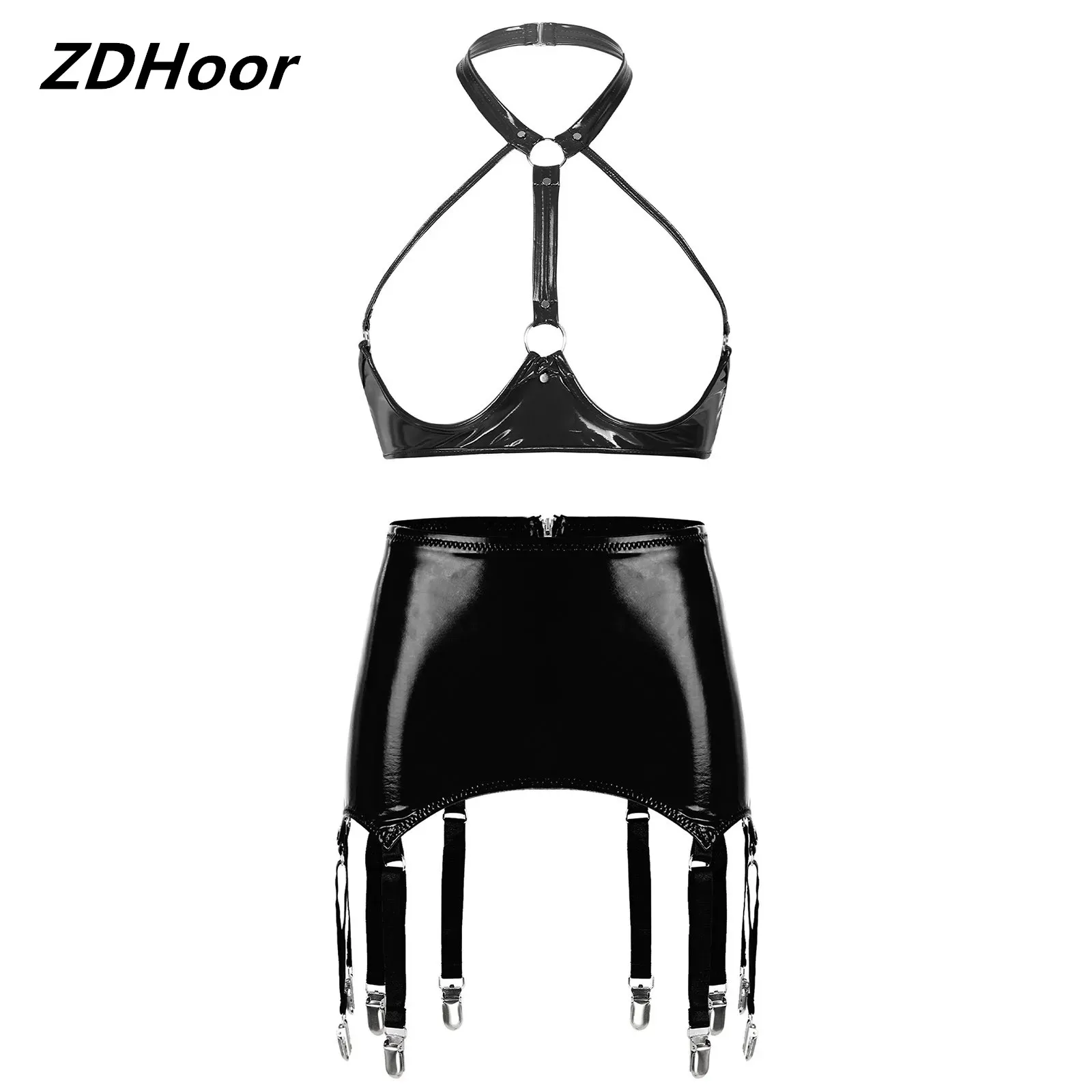 Women Wet Look Patent Leather Lingerie Set Show Costume Sleeveless Halter Neck Backless Open Bust Bra Tops with Zipper Garters
Women Wet Look Patent Leather Lingerie Set Show Costume Sleeveless Halter Neck Backless Open Bust Bra Tops with Zipper Garters